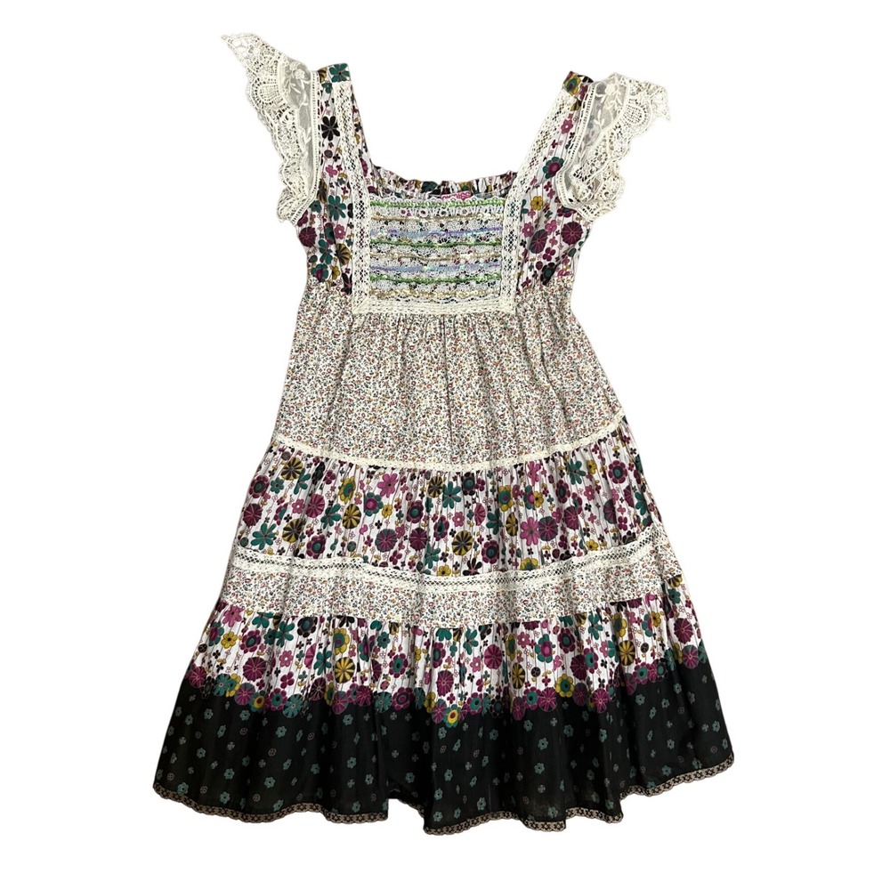 Vtg handmade Floral Tiered Cotton Mini Dress Lace Flutter Sleeve cottage prairie